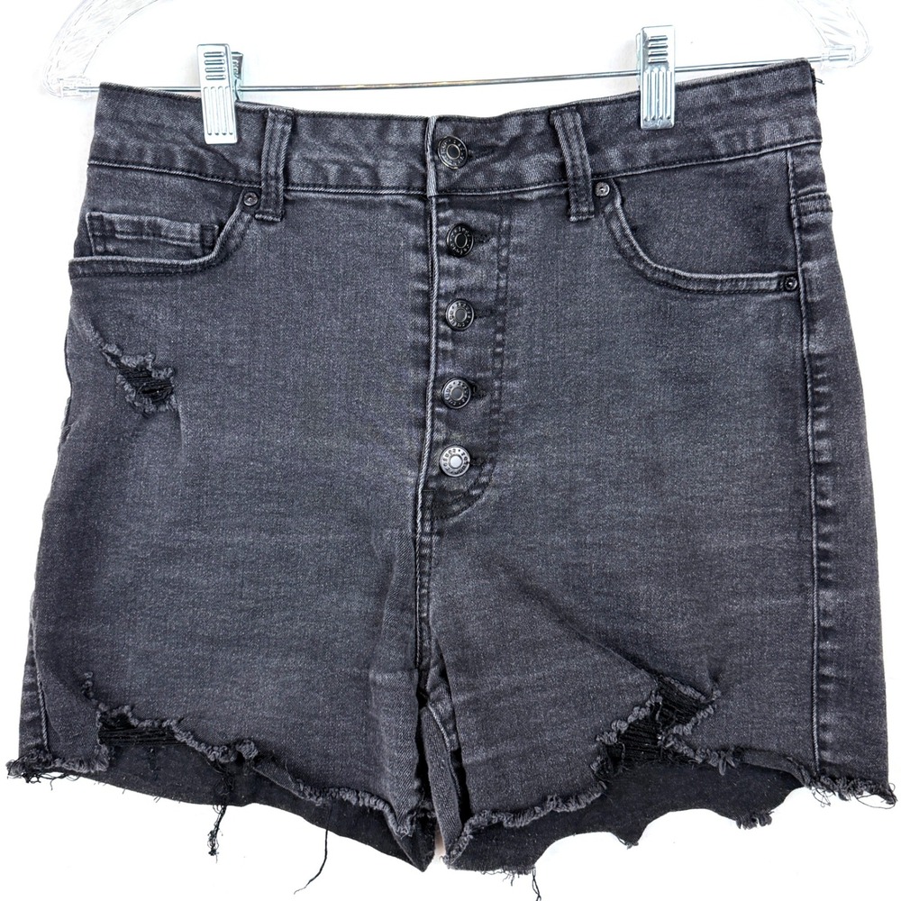 Refuge Denim Nashville Shorts Juniors 9 Black High Rise Button Fly Distressed - Picture 1 of 9